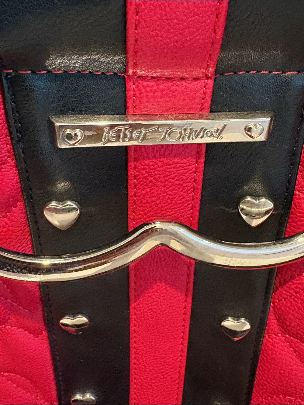 Betsey Johnson Red and Black Heart-Handle Quilted Tote